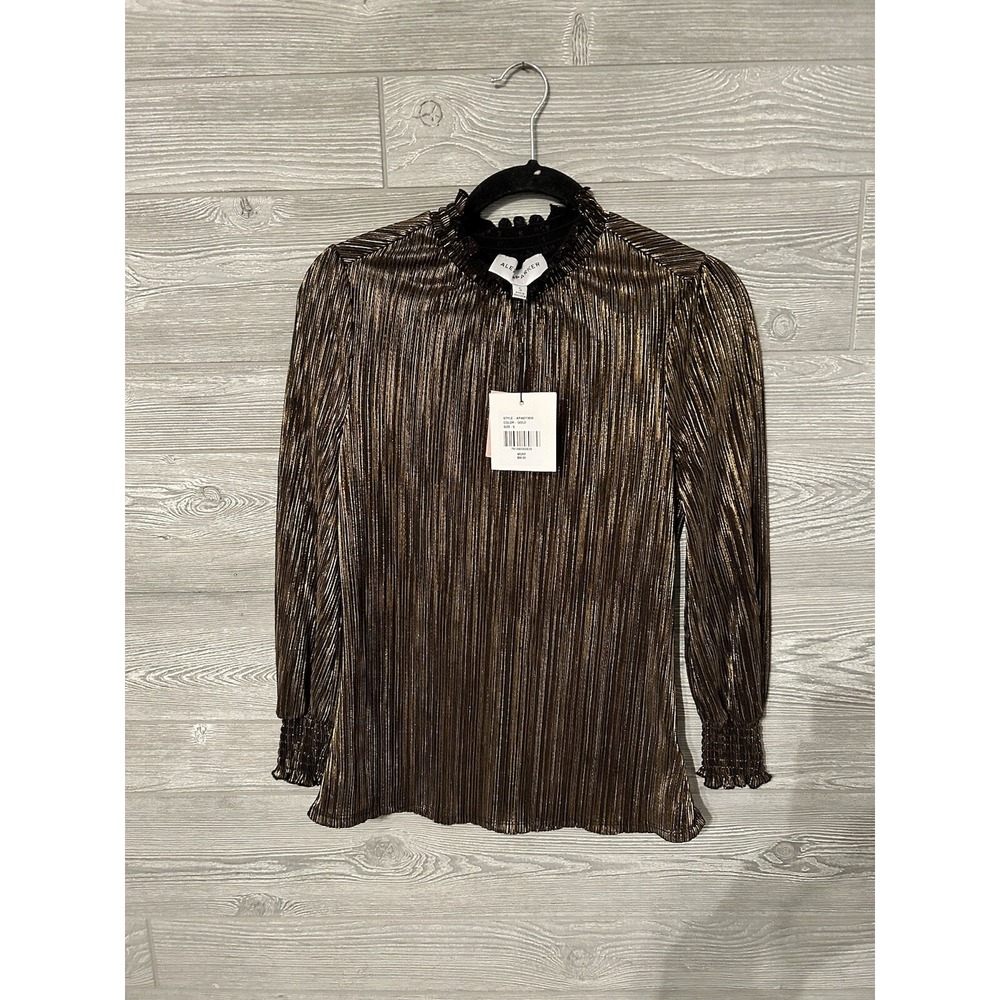 Alex & Parker Gold Metallic‎ Plisse Mock Neck Ruffle Blouse NWT Mens S